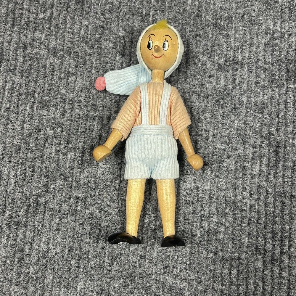 VTG 1940’s Wooden Poland Articulated Pinocchio 7.5” Hand Painted Doll RARE